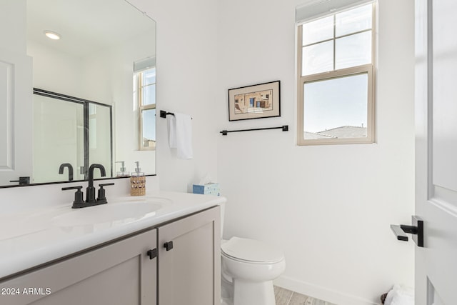 bathroom featuring vanity, toilet, a healthy amount of sunlight, and an enclosed shower