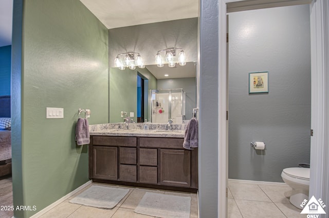 bathroom with tile patterned floors, toilet, walk in shower, and vanity