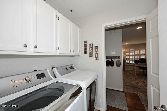 laundry area featuring recessed lighting, cabinet space, and independent washer and dryer