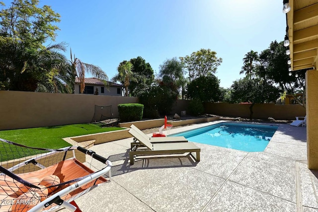 view of swimming pool with a fenced backyard, a fenced in pool, and a patio