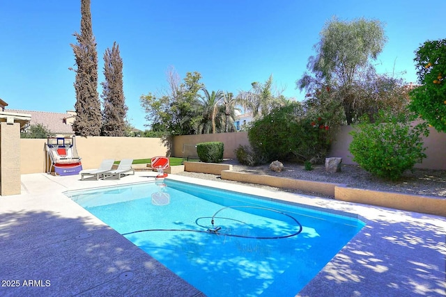 view of swimming pool featuring a fenced in pool, a fenced backyard, and a patio area