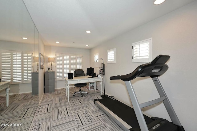 office area with carpet flooring, recessed lighting, and baseboards