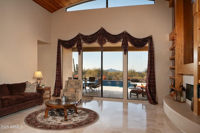 living room with a mountain view and high vaulted ceiling