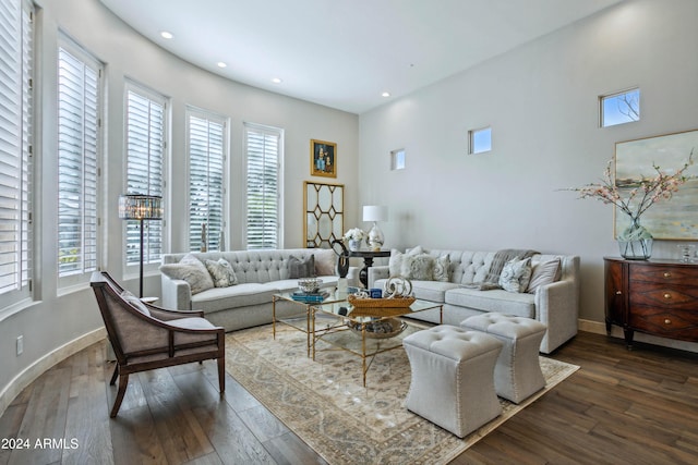 living room with dark hardwood / wood-style flooring