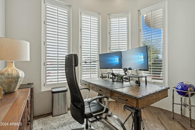 office space with light hardwood / wood-style floors and a wealth of natural light