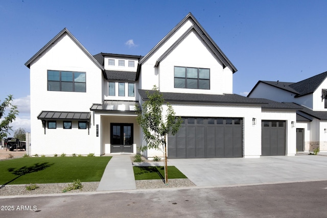26619 S 169th Pl, Queen Creek, AZ 85142 - modern inspired farmhouse featuring french doors, a standing seam roof, brick siding, a front yard, and concrete driveway