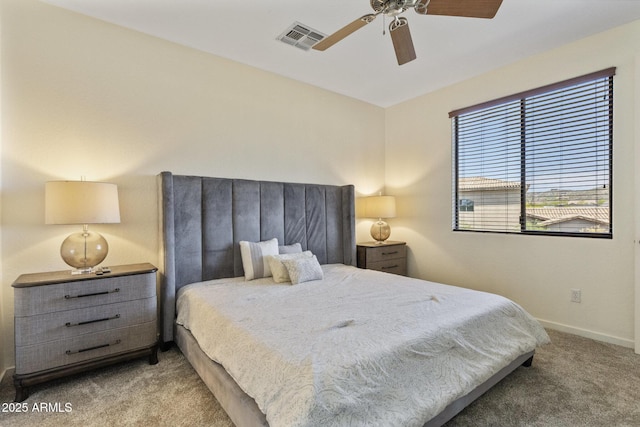 bedroom featuring carpet flooring, a ceiling fan, baseboards, and visible vents