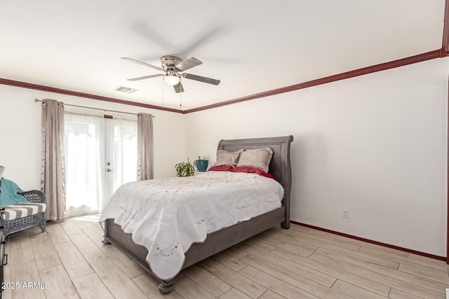 bedroom with crown molding, access to outside, baseboards, light wood finished floors, and visible vents