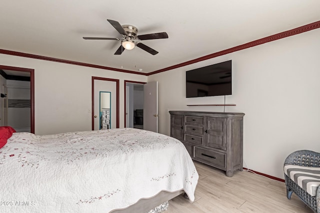 bedroom with a ceiling fan, ornamental molding, baseboards, and light wood finished floors