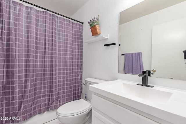 full bath featuring shower / tub combo, toilet, and vanity