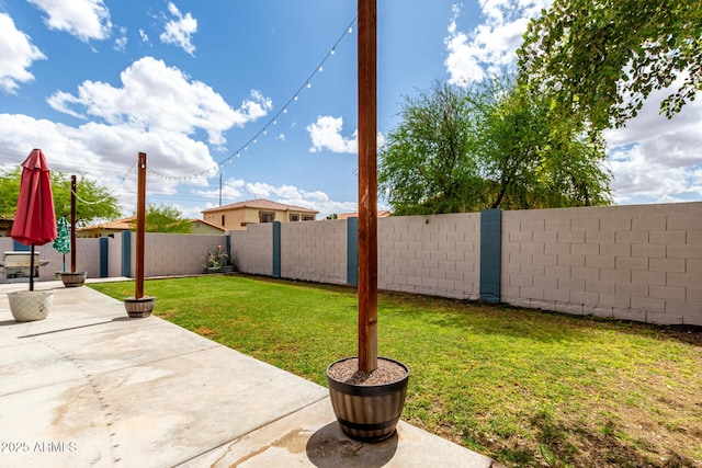 view of yard with a fenced backyard and a patio area