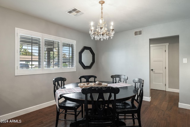 dining room with dark wood-style flooring, visible vents, and baseboards