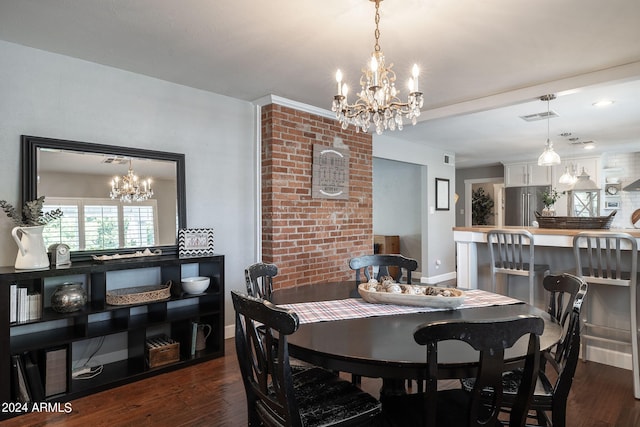 dining space featuring a chandelier, dark wood-style flooring, and visible vents