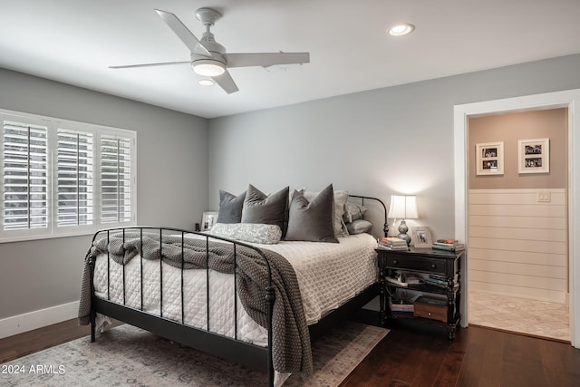 bedroom with ceiling fan, baseboards, wood finished floors, and recessed lighting