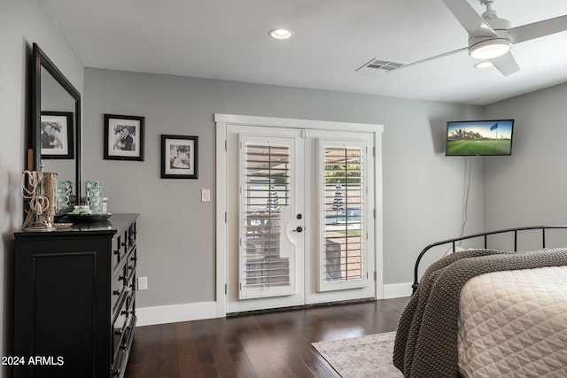 bedroom featuring dark wood-style flooring, french doors, visible vents, access to outside, and baseboards