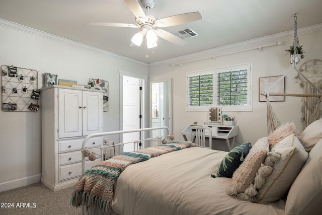 bedroom with ornamental molding, light colored carpet, visible vents, and baseboards