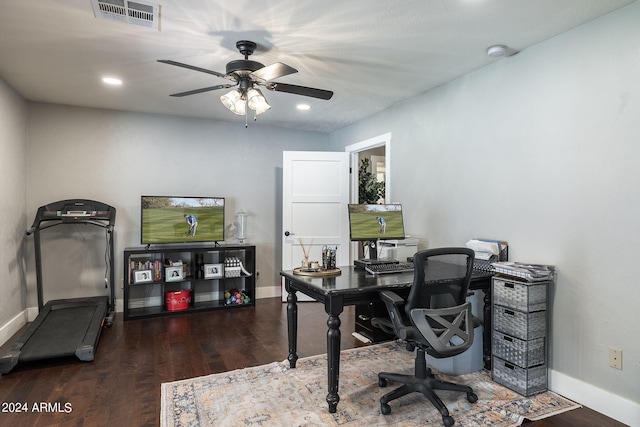 home office featuring baseboards, visible vents, a ceiling fan, wood finished floors, and recessed lighting