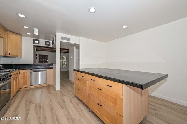 3637 E Monterosa St Unit 8, Phoenix, AZ 85018 - kitchen with appliances with stainless steel finishes, light brown cabinetry, light wood-style floors, recessed lighting, and tile countertops