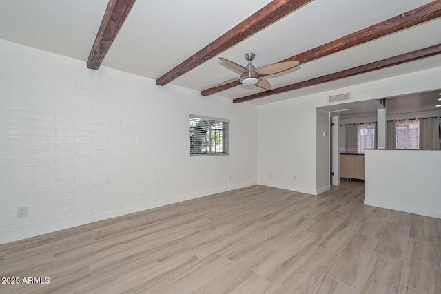 3637 E Monterosa St Unit 8, Phoenix, AZ 85018 - spare room with ceiling fan, light wood-style flooring, beamed ceiling, and brick wall