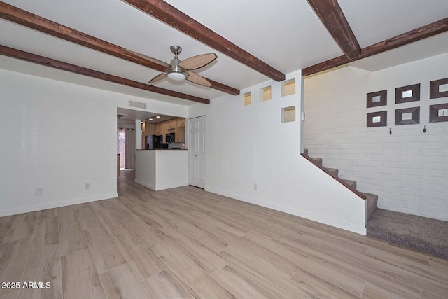 3637 E Monterosa St Unit 8, Phoenix, AZ 85018 - unfurnished living room featuring ceiling fan, light wood finished floors, beam ceiling, and stairway