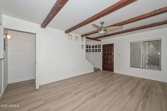 3637 E Monterosa St Unit 8, Phoenix, AZ 85018 - unfurnished living room with light wood-style flooring, ceiling fan, and beam ceiling