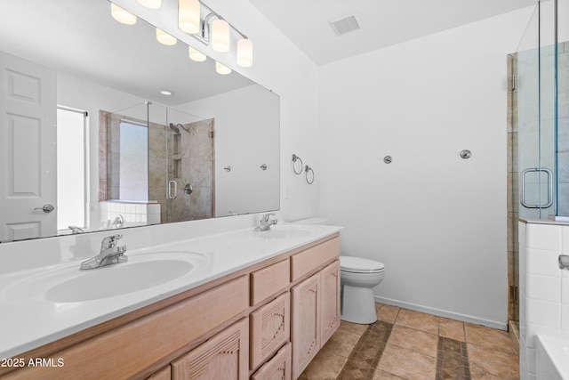 full bathroom with a sink, a stall shower, double vanity, and visible vents