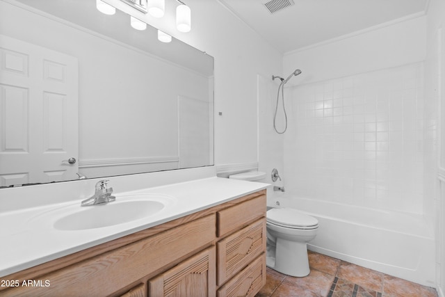 bathroom featuring vanity, toilet, shower / tub combination, and visible vents