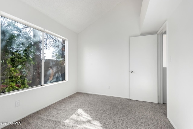 unfurnished room featuring a textured ceiling, carpet floors, and lofted ceiling