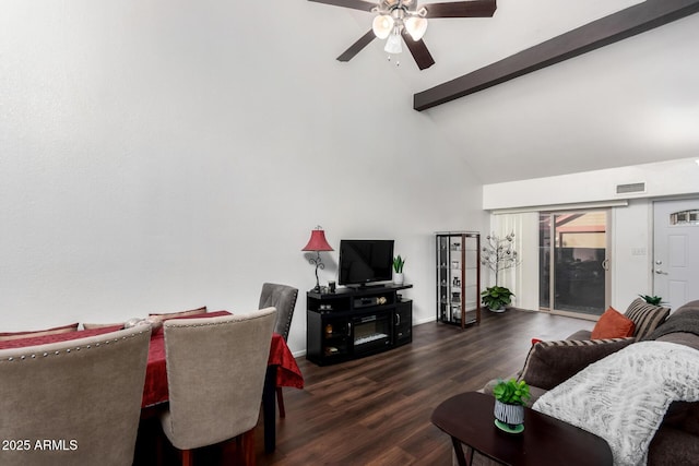 living room with beamed ceiling, high vaulted ceiling, ceiling fan, and dark wood-type flooring