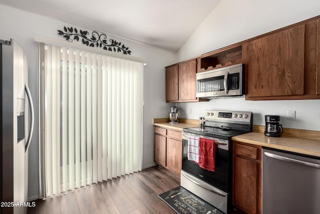 kitchen with dark hardwood / wood-style floors, stainless steel appliances, and vaulted ceiling