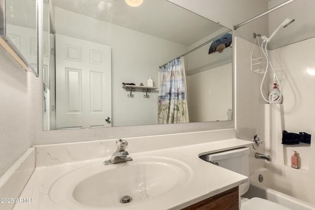 bathroom featuring shower / bath combination with curtain, vanity, and toilet