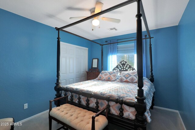 6993 S Sharon Ct, Chandler, AZ 85249 - bedroom with carpet flooring, visible vents, baseboards, and a ceiling fan