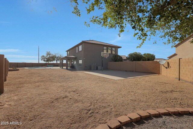 6993 S Sharon Ct, Chandler, AZ 85249 - exterior space featuring a fenced in pool, a patio, stucco siding, central AC unit, and a fenced backyard