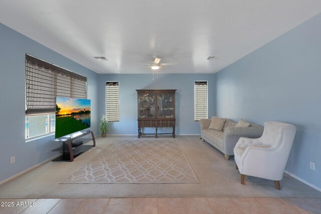 6993 S Sharon Ct, Chandler, AZ 85249 - living room with carpet, baseboards, a ceiling fan, and visible vents