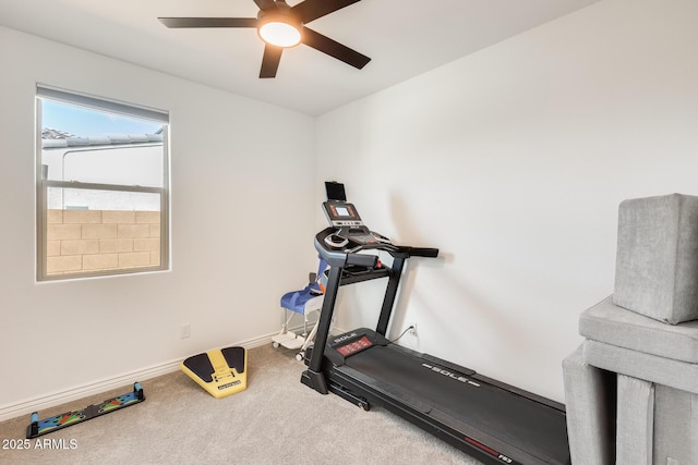 workout area with a ceiling fan, carpet, and baseboards