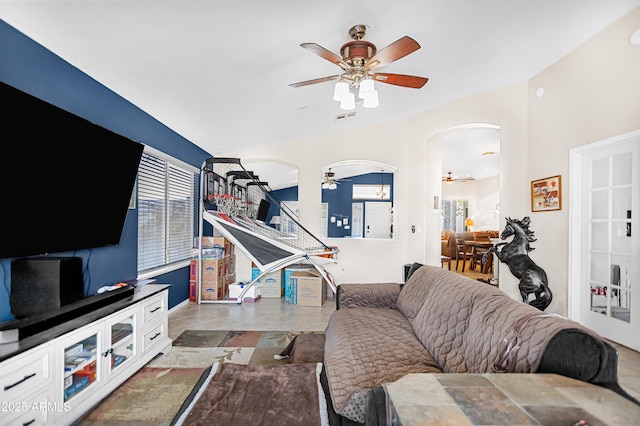 living room featuring ceiling fan