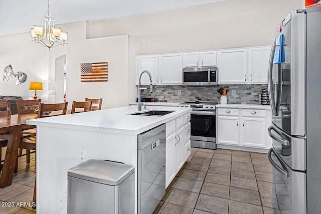 kitchen with pendant lighting, sink, appliances with stainless steel finishes, white cabinetry, and a center island with sink