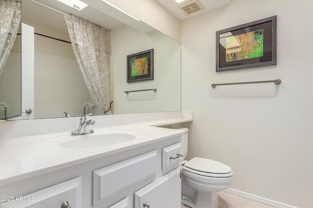 bathroom featuring a shower with curtain, tile patterned floors, vanity, and toilet