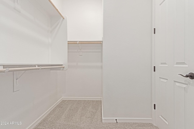 walk in closet featuring light colored carpet