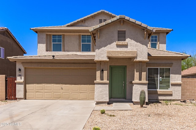 906 S 242nd Dr, Buckeye, AZ 85326 - view of front facade with concrete driveway, a tile roof, stucco siding, and an attached garage