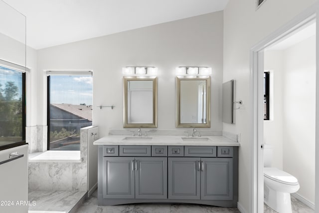 bathroom with vanity, lofted ceiling, and toilet