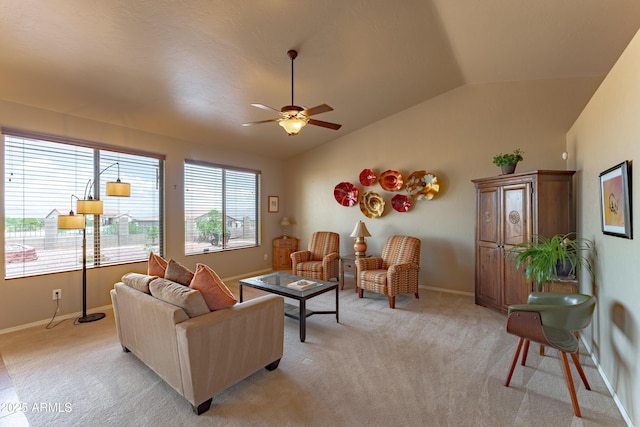 1398 W Sheep Wash Way, Benson, AZ 85602 - living room featuring vaulted ceiling, a ceiling fan, light carpet, and baseboards