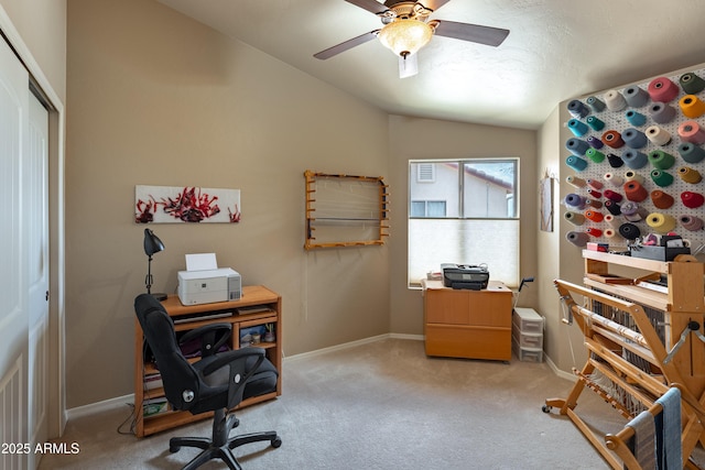 1398 W Sheep Wash Way, Benson, AZ 85602 - home office with vaulted ceiling, light colored carpet, baseboards, and a ceiling fan