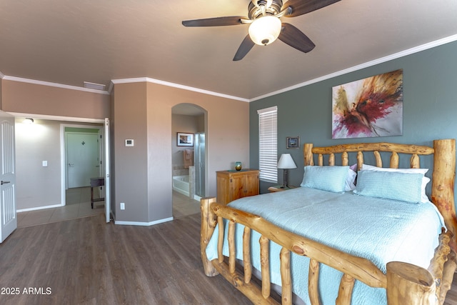 1398 W Sheep Wash Way, Benson, AZ 85602 - bedroom with arched walkways, baseboards, wood finished floors, ornamental molding, and connected bathroom