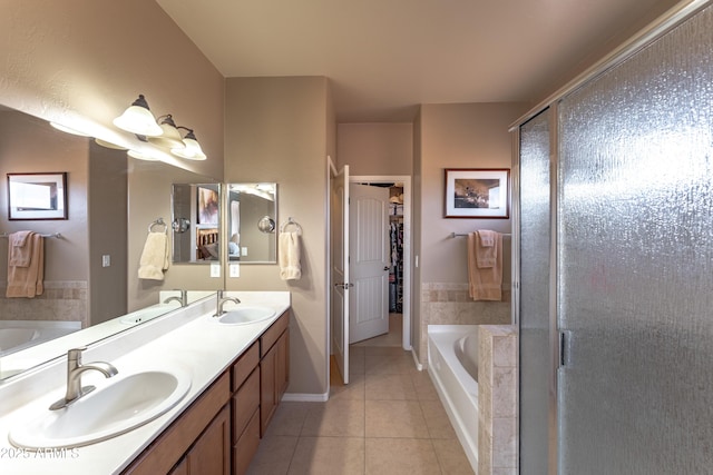 1398 W Sheep Wash Way, Benson, AZ 85602 - full bath with tile patterned floors, a bath, double vanity, and a stall shower