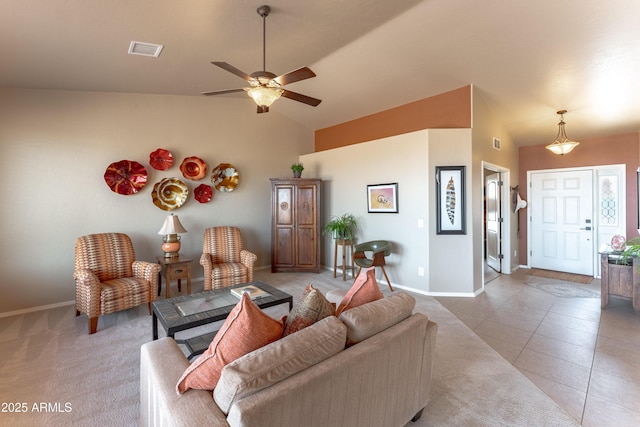 1398 W Sheep Wash Way, Benson, AZ 85602 - living room featuring baseboards, ceiling fan, light tile patterned floors, and high vaulted ceiling