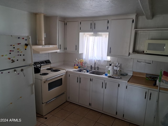 kitchen with white cabinetry, white appliances, sink, and exhaust hood