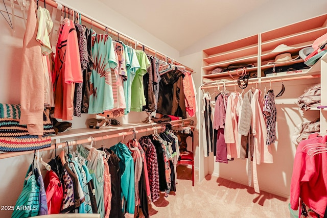 spacious closet featuring light carpet and lofted ceiling