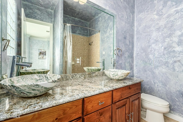 bathroom with walk in shower, vanity, and toilet