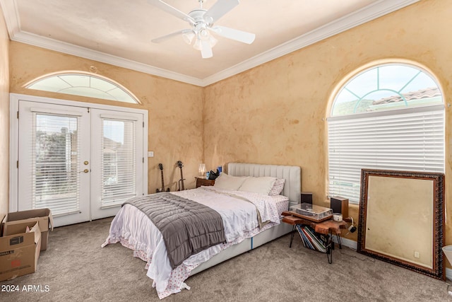 bedroom with french doors, crown molding, light colored carpet, access to outside, and ceiling fan